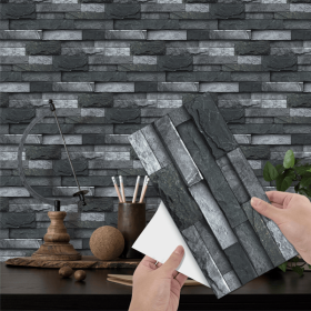 48 Pcs Black Gray Stone Brick Peel And Stick Wallpaper Home Decor Waterproof Self-Adhesive Stickers For Bathroom Kitchen Living Room Backsplash D
