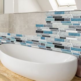 12 PCS Marbled Effect Waterproof Oil-Proof Peel And Stick Tile Stickers Blue Green For Kitchen Bathroom Laundry Room Wall Decor (PCS: 48XY-HTP-04)